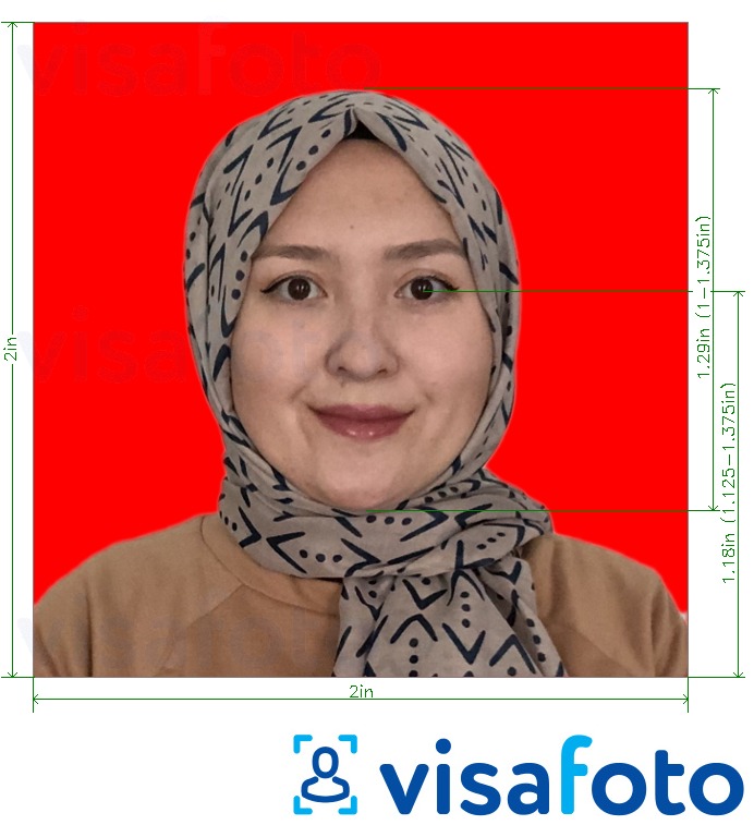  Indoneesia pass 51x51 mm (2x2 tolli) punane taust fotonäidis koos täpse infoga mõõtude kohta.