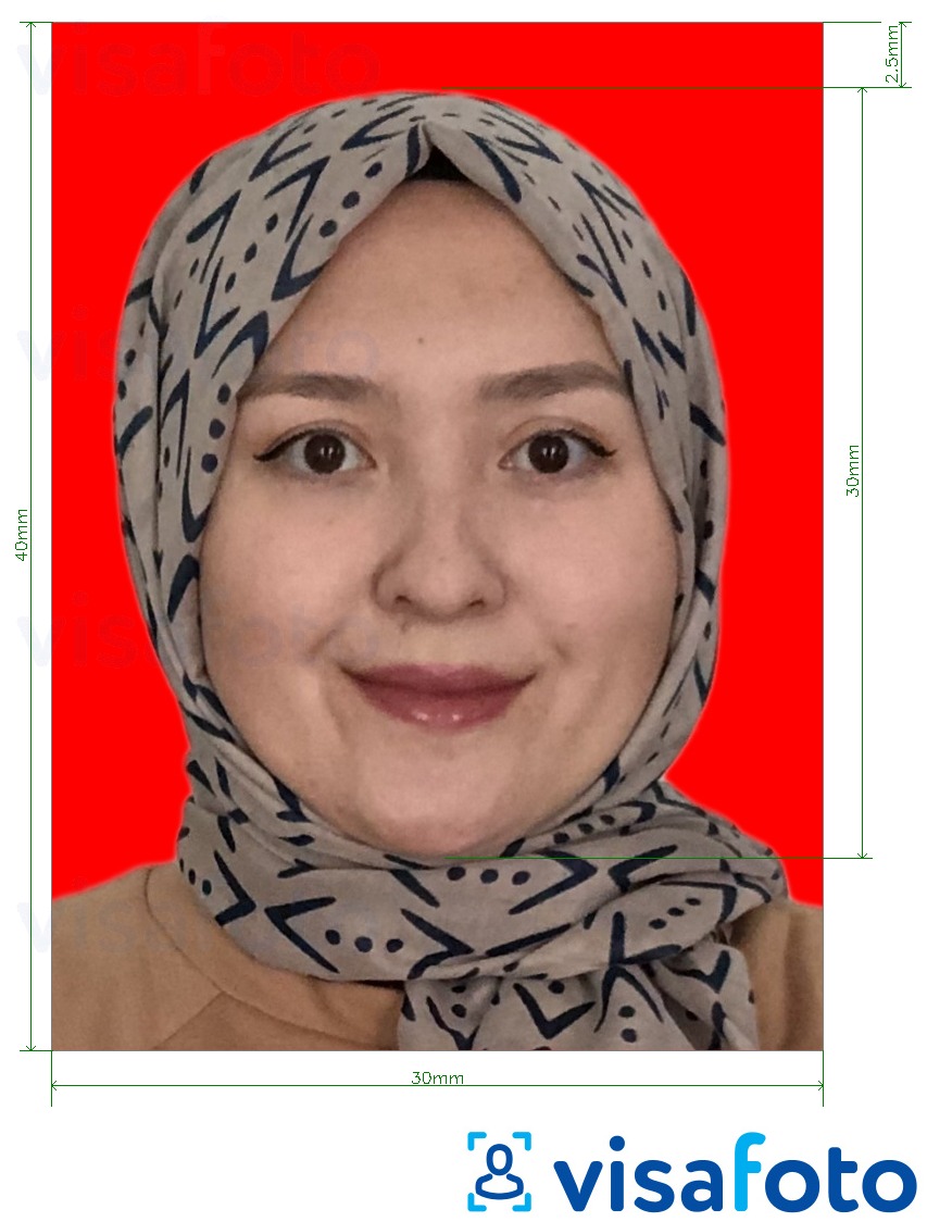  Indoneesia viisa 3x4 cm (30x40 mm) online punane taust fotonäidis koos täpse infoga mõõtude kohta.
