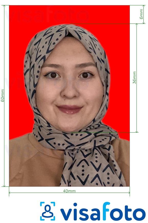  Indonesia Visa 4x6 cm punane taust fotonäidis koos täpse infoga mõõtude kohta.