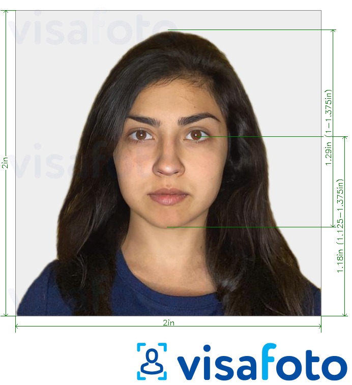  India viisa (2x2 tolli, 51x51mm) fotonäidis koos täpse infoga mõõtude kohta.