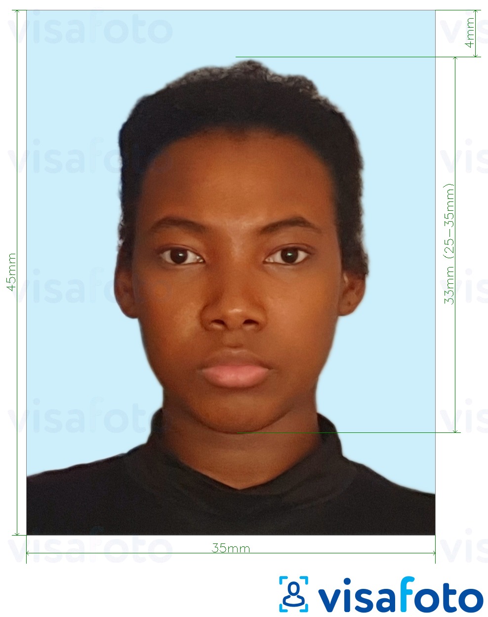  Jamaica pass 35x45 mm kahvatusinisel taustal fotonäidis koos täpse infoga mõõtude kohta.