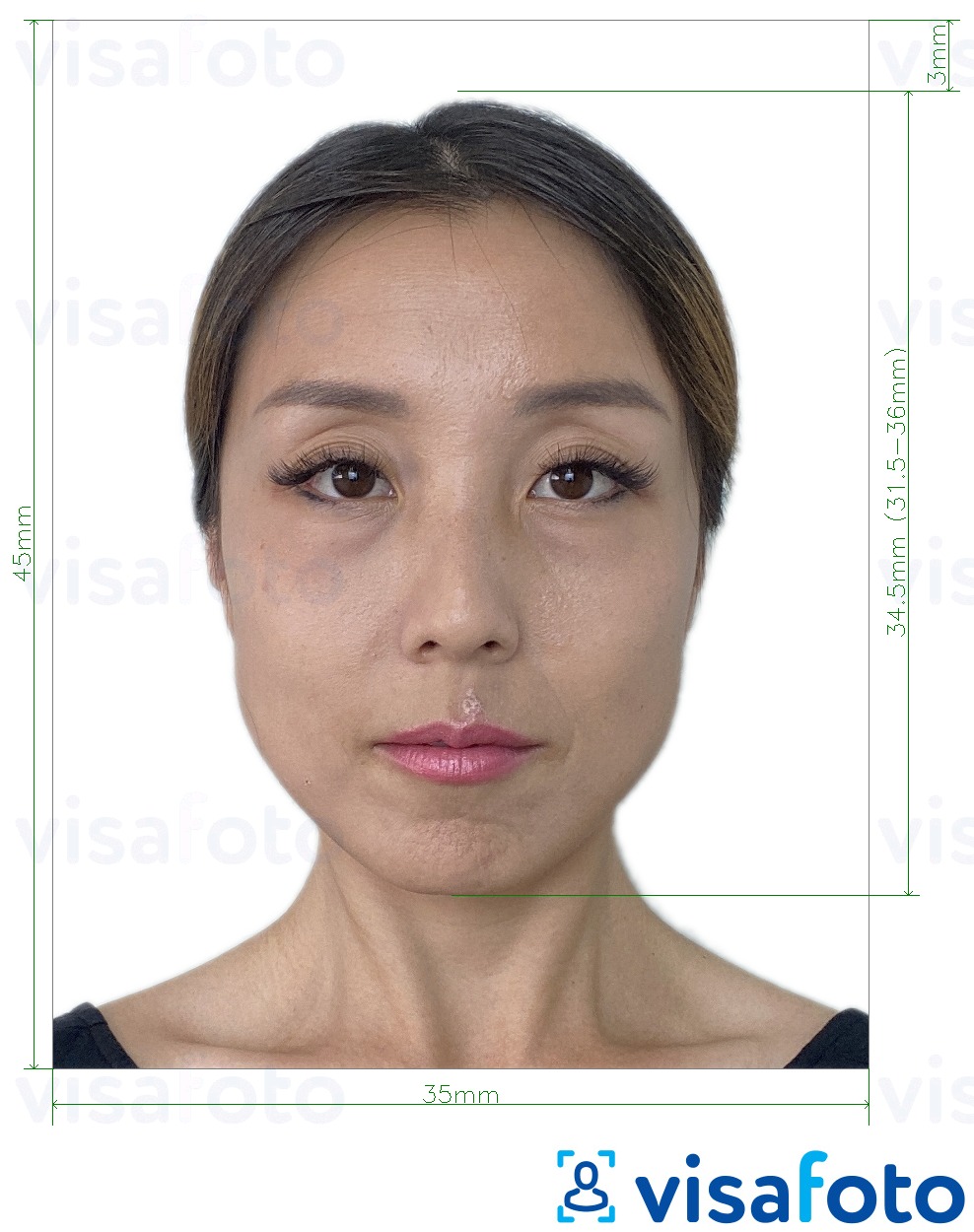  Lõuna-Korea registreerimiskaart 35x45 mm fotonäidis koos täpse infoga mõõtude kohta.