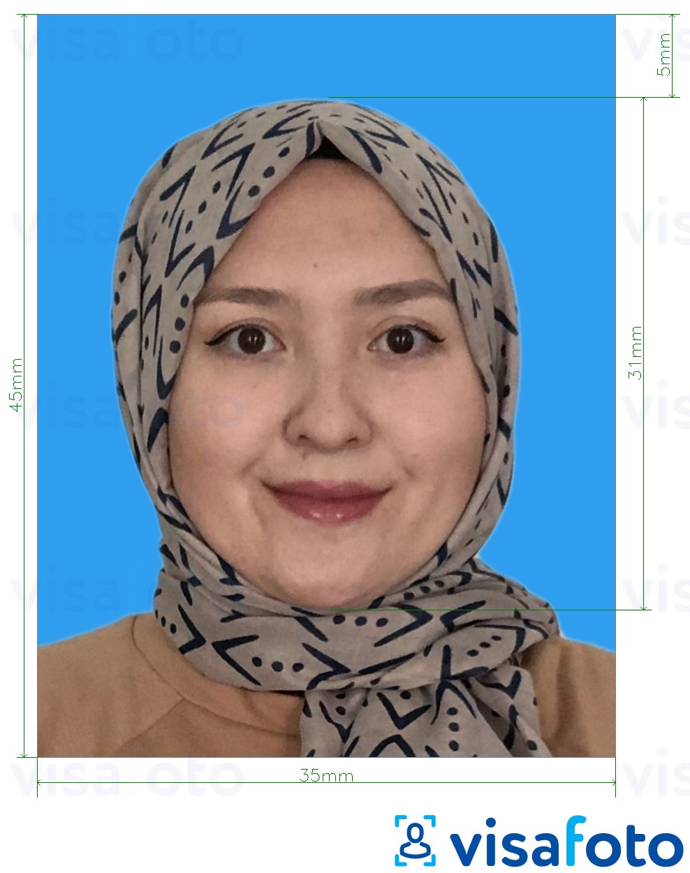 Malaisia ​​Visa 35x45 mm sinine taust fotonäidis koos täpse infoga mõõtude kohta.