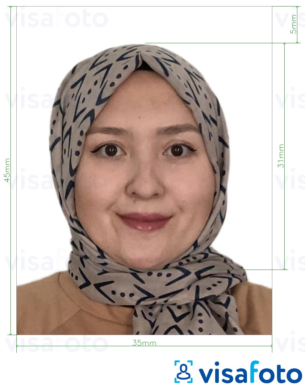  Malaisia ​​Visa 35x45 mm valge taust fotonäidis koos täpse infoga mõõtude kohta.