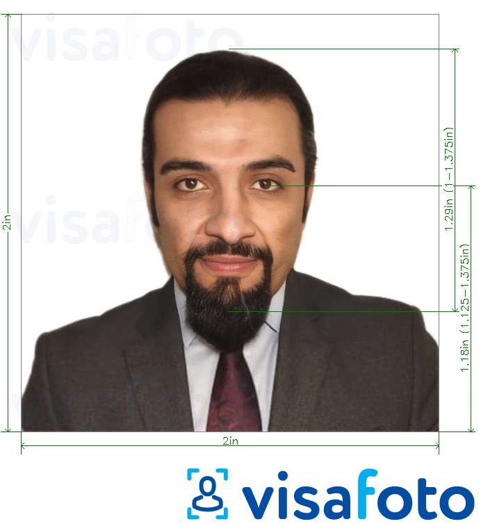  Süüria pass 2x2 tolli (5x5 cm, 51x51 mm) fotonäidis koos täpse infoga mõõtude kohta.